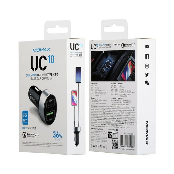 MOMAX UC10 Dual-Port QC3.0 with Type-C PD Fast Car Charger-Black