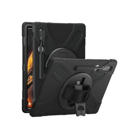 Rugged Heavy Duty Case & Shockproof Cover For Samsung Galaxy Tab S8 Ultra 14.6 inch 2022 (X900/X906)-With Strap and Pencil Holder-Black