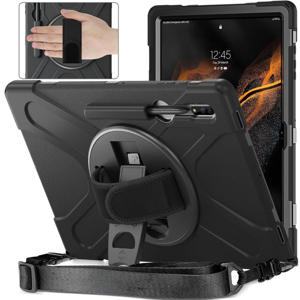Rugged Heavy Duty Case & Shockproof Cover For Samsung Galaxy Tab S8 Ultra 14.6 inch 2022 (X900/X906)-With Strap and Pencil Holder-Black