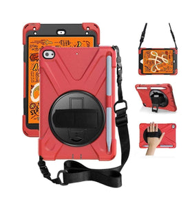 Rugged Heavy Duty Cover For iPad Mini 4/5 with Strap and Pencil Holder-Red