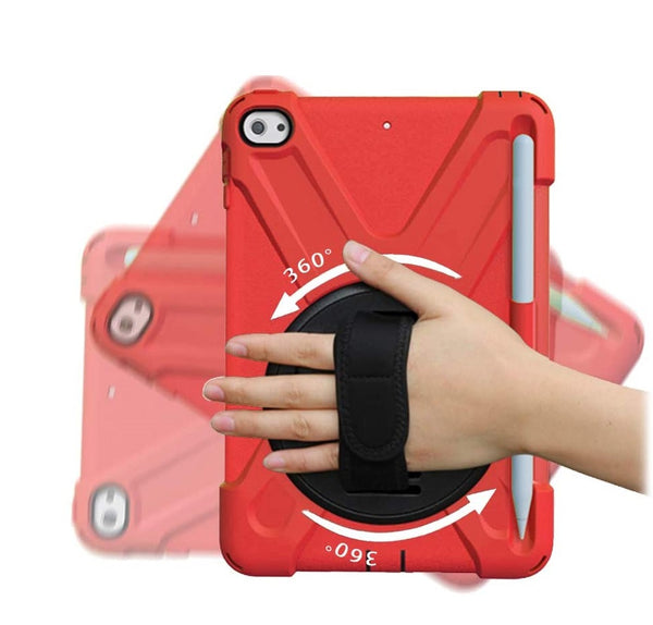 Rugged Heavy Duty Cover For iPad Mini 4/5 with Strap and Pencil Holder-Red