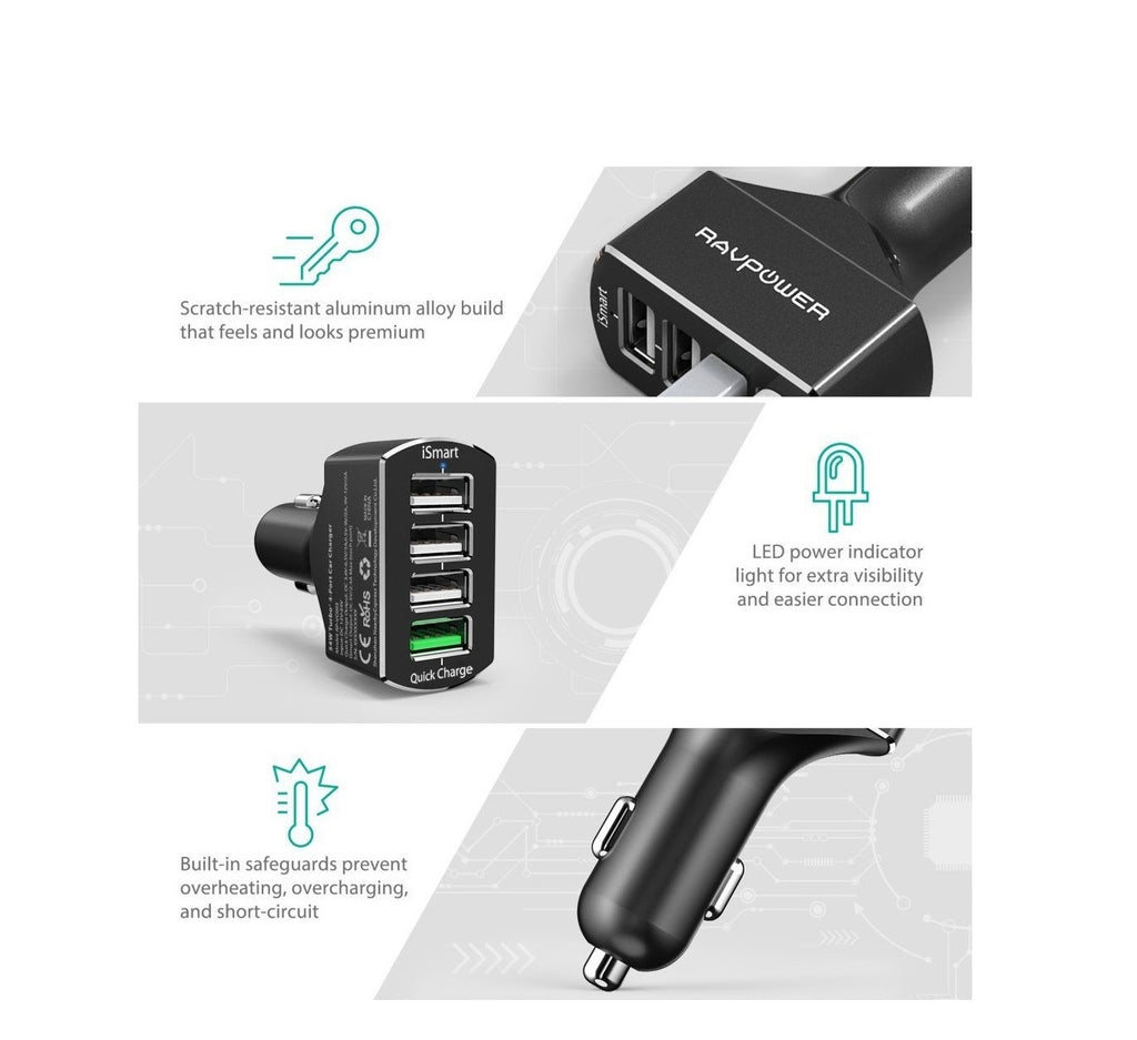 RAVPOWER 4 Ports Usb Quick Charge 3.0 Car Charger 54W 4-Port Car Adapt –  CASE RACE